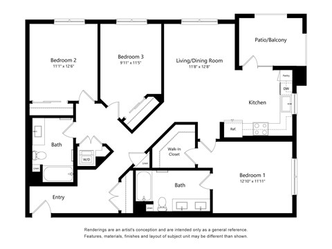 Floor plan for 3 beds, 2 baths, 1340 sqft